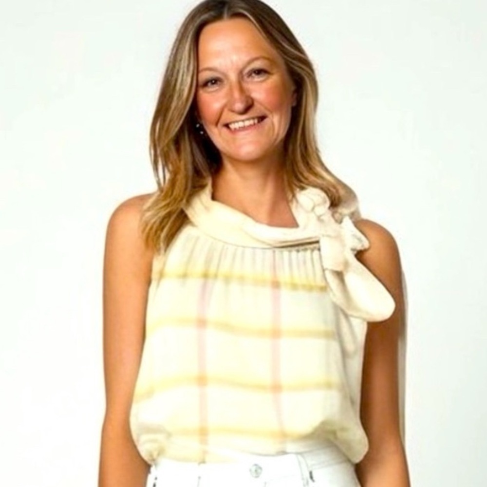 Cato Women's Plaid High Neck Sleeveless Blouse Yellow Size L